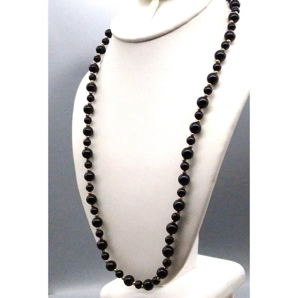 Classic Vintage Lucite Beaded Necklace, Chic Black Strand with Gold Tone Spacer - Picture 3 of 3